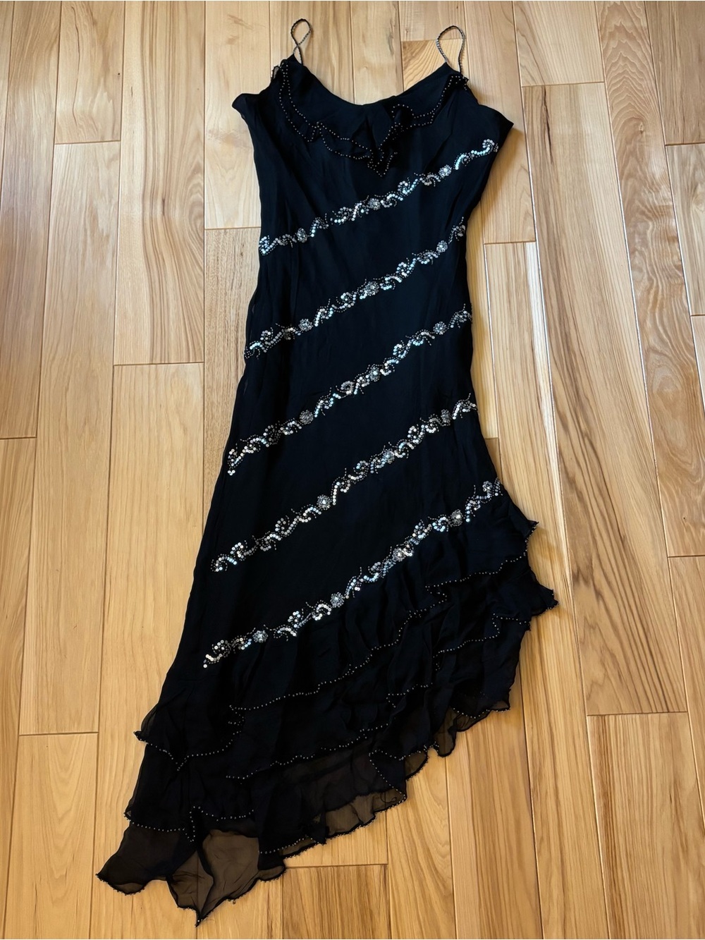 Vintage Y2K Mix It Silk Chiffon Sequin Bead Ruffle Asymmetrical Hem Dress